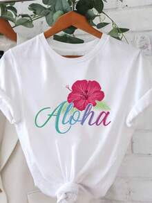 Women's Modern, Casual T-Shirt, Perfect For Parties And Lounging At Home, 100% Cotton, Loose Fit. Hawaiian Style 'Aloha' Hibiscus Print T-Shirt For Women, Short-Sleeved, Round Neck, Casual Top For Spring And Summer - 白色 - 查看 7
