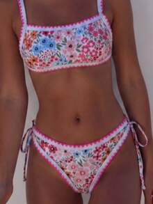 Women's Floral Print Spaghetti Strap Bikini Set, Fashion Summer Vacation - Red - View 5