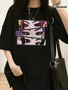Camiseta de Manga Anime para Women - Estilo Japonés Oversized, Ajuste Relajado y Suave Mezcla Poliéster con Cuello Redondo.Diseño Expresivo ojos anime e rostro dinámico ideal Convenciones & Ropas Casuales.Lavar a Mano/Limpieza en Seco.Siluette H-Line Essential Primavera/Verano - Negro - Ver 7