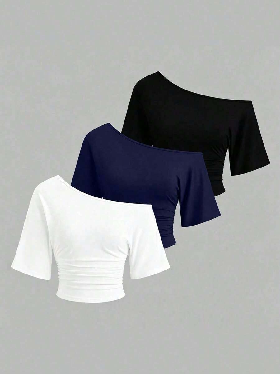 Nuevo conjunto de 3 piezas ajustado con hombros descubiertos, estilo sexy europeo y americano. Camiseta de unicolor versátil y casual para mujer, adecuada para primavera/verano, uso diario, ir al trabajo, citas - Multicolor 5 - Ver 1