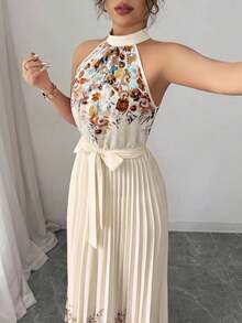 Vestido holgado de verano elegante con estampado floral y cuello halter para mujer - Albaricoque - Ver 3