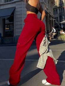 Pantalones cargo casuales negros de primavera con bolsillo con solapa lateral - Burdeos - Ver 4