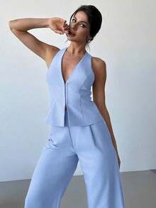 Set de 2 piezas: Elegante chaleco sin mangas de lino ligero con cuello en V y pantalones anchos de pierna plisada de cintura alta, conjunto casual de negocios para ir al trabajo, primavera/verano, graduación, atuendos de maestras, regreso a la esc - Azul - Ver 3