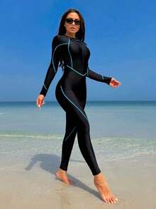 Bikinx Traje de baño deportivo de manga larga con cremallera, ajustado, con ribete de contraste de unicolor, para vacaciones de verano en la playa - Azul - Ver 6