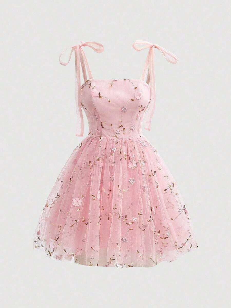 MOD Vestido estilo retro con estampado floral rosa y cinturón con lazo - Rosa - Ver 1