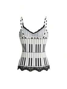 ROMWE Conjunto de 3 piezas con camiseta de tirantes con encaje y estampado de notas musicales y teclado de piano, estilo retro Y2K - Multicolor 3 - Ver 6