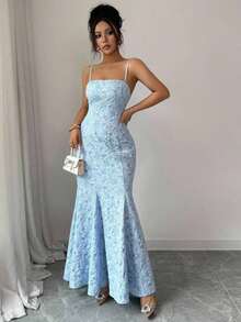 Vestido de fiesta de satén con textura floral azul, de tirantes cruzados y sin mangas, multifuncional - Celeste - Ver 3