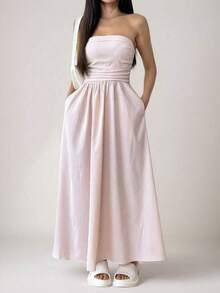 Vestido bandeau informal a rayas para mujer - Rosa Pálido - Ver 1
