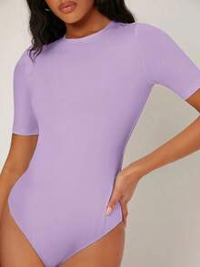 BASICS 3 piezas Body ajustado de manga corta y cuello redondo de punto de unicolor para mujer - Lila Púrpura - Ver 4