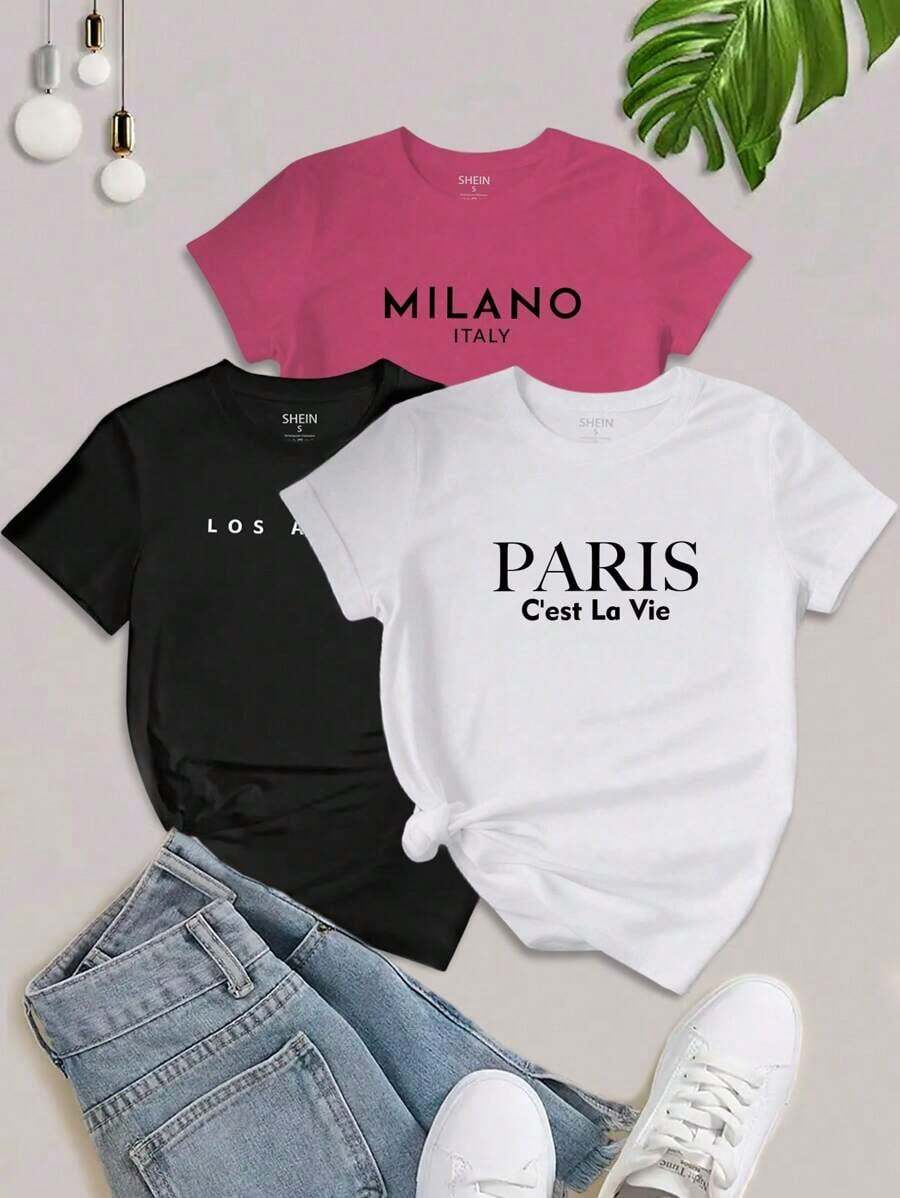 3 PIEZAS Camisetas casuales de manga corta para mujer con estampado de lema y letras - Multicolor 3 - Ver 1