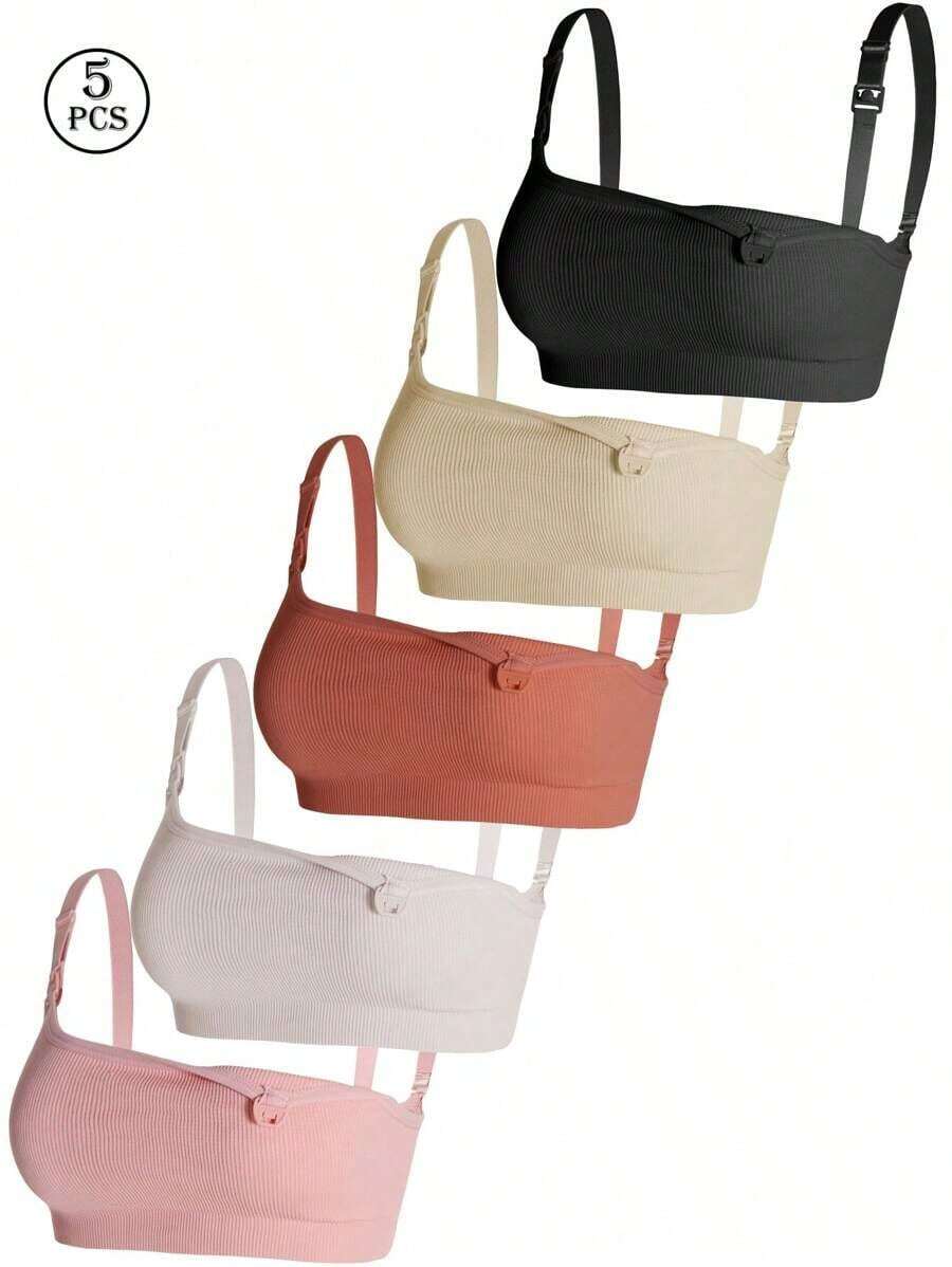 Set de 5 sujetadores de maternidad y lactancia, sujetador sin costuras cómodo con desabroche frontal, brasier de alimentación sexy minimalista de varios colores para el embarazo y el posparto - Multicolor 2 - Ver 1