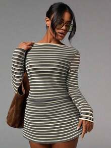 X Scot Louie  Vestido corto de manga larga con cuello de barco y estampado de rayas, informal para mujer - Albaricoque - Ver 1