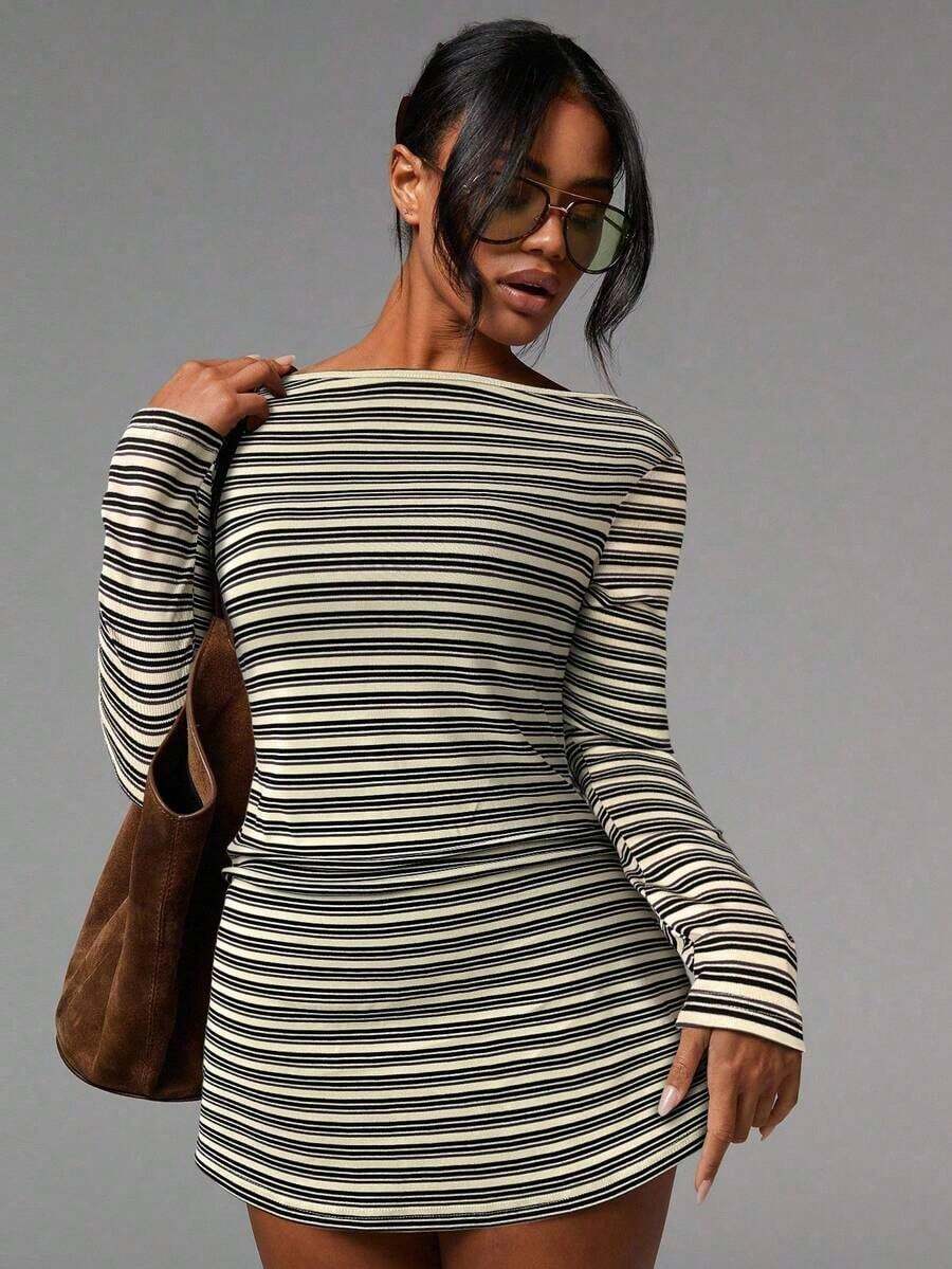 X Scot Louie Vestido corto de manga larga con cuello de barco y estampado de rayas, informal para mujer - Albaricoque - Ver 1