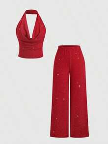 Conjunto de 2 piezas con top sin espalda de cuello de halter con lentejuelas y pantalones anchos sueltos, estilo diva sexy - Rojo - Ver 8