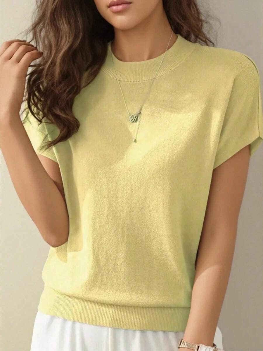 Camiseta holgada de manga corta para mujer, top de punto sin mangas distintivo, capa base de unicolor para el verano - Amarillo claro - Ver 1