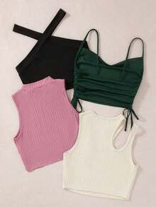 Unity Set de 4 tops de tirantes de punto acanalado de unicolor, moda de verano - Multicolor 4 - Ver 2