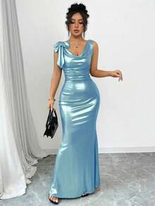 Vestido largo con espalda descubierta y decoración de lazo en color liso para mujer - Azul - View 4