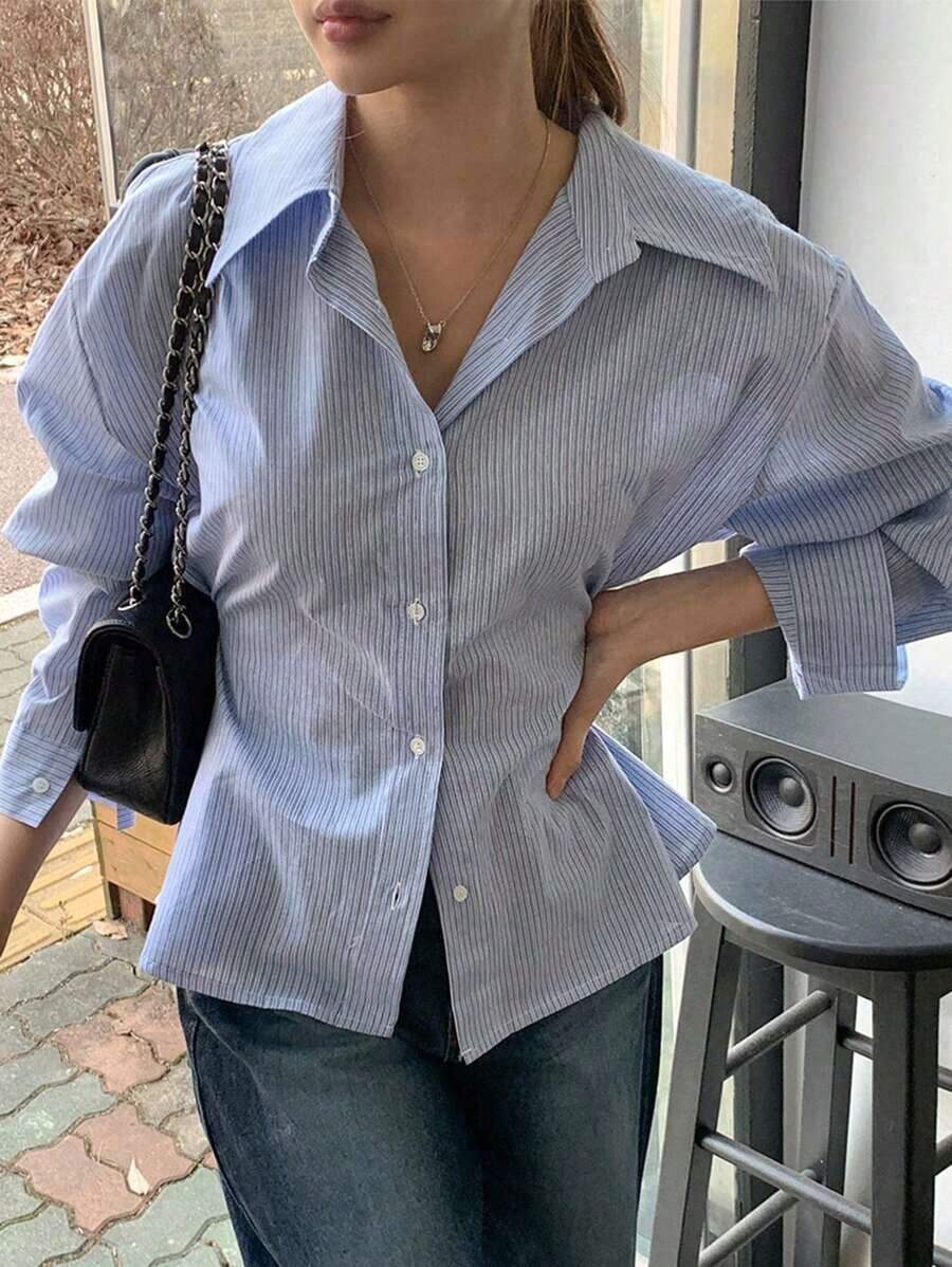 Camisa ajustada con cuello a rayas para mujer, de estilo casual de negocios, color azul, manga larga para primavera/verano/otoño - Azul - Ver 1