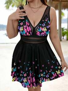 Swim Lushoire Conjunto de tankini de 2 piezas para mujer talla grande con estampado floral, cuello en V y control de abdomen para el verano - Multicolor - Ver 5