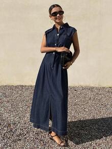 Vestido de mezclilla de unicolor con cuello y cintura ceñida sin mangas para mujer - Azul - Ver 5