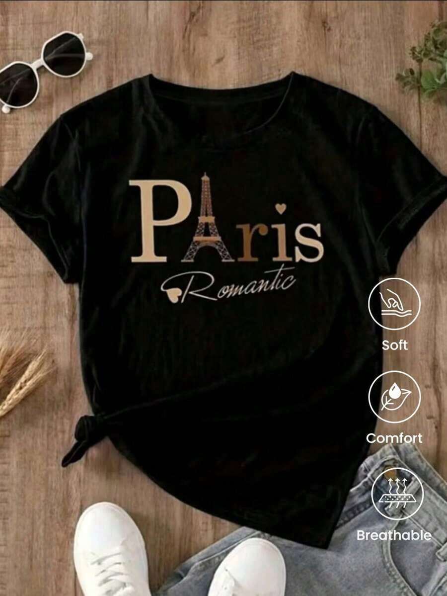 Fashionable Round-Neck, Short-Sleeved T-Shirt, Made In Mexico For The Spring/Summer 2025 Season. Featuring A Cartoon Print, This Matching Couple's Style Is Suitable For Both Tucking In And Wearing Out, For Office And Casual Wear. Designed For Men And Women, Sold Individually. Women's Blouses, Women's T-Shirts, Casual Blouses For Ladies - 黑色 - 查看 1
