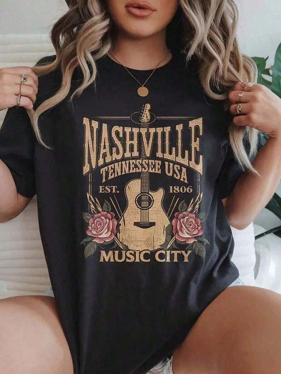 New Basic Short-Sleeved T-Shirt For Women: Round Neck, Loose Fit, Nashville Print, Soft Fabric With A Perfect Drape And Ultra-Versatile Blouses For Women, Women's T-Shirts, Casual Blouses For Ladies - 黑色 - 查看 1