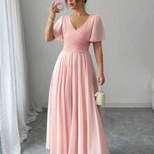 Elenzya Ruffled Sleeve Waist Cinched V-Neck A-Line Minimalist Elegant Romantic Sophisticated Women Dress - Azul Marino - Ver 7