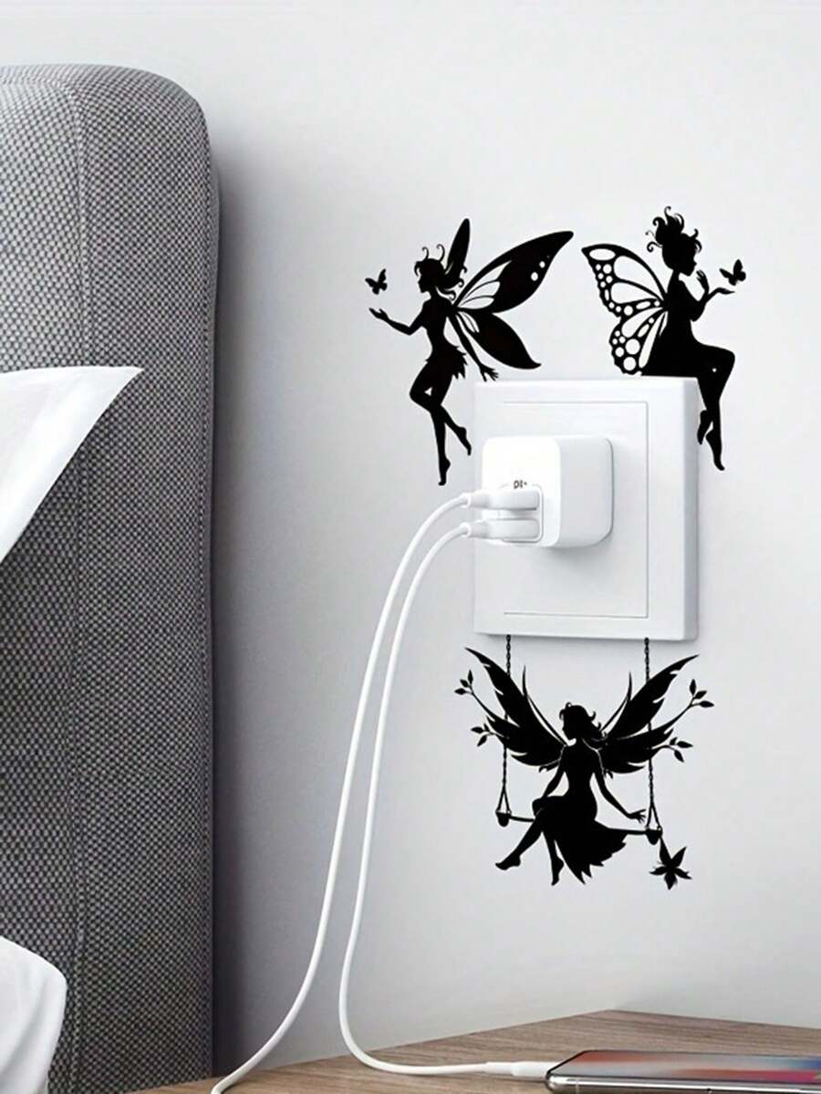 4pcs Fairy Graphic Switch Stickers, Decorative Bathroom Bedroom Living Room Switch Stickers, Removable PVC Light Switch Stickers, Self-Adhesive Wall Stickers, Home Decor - one-size - View 1