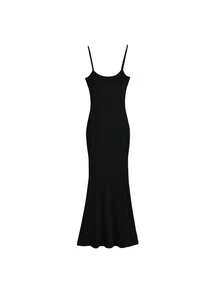 Vestido largo sirena cuello U ajustado cintura barril estilo chica sexy callejero efecto alargador - Negro - Ver 1
