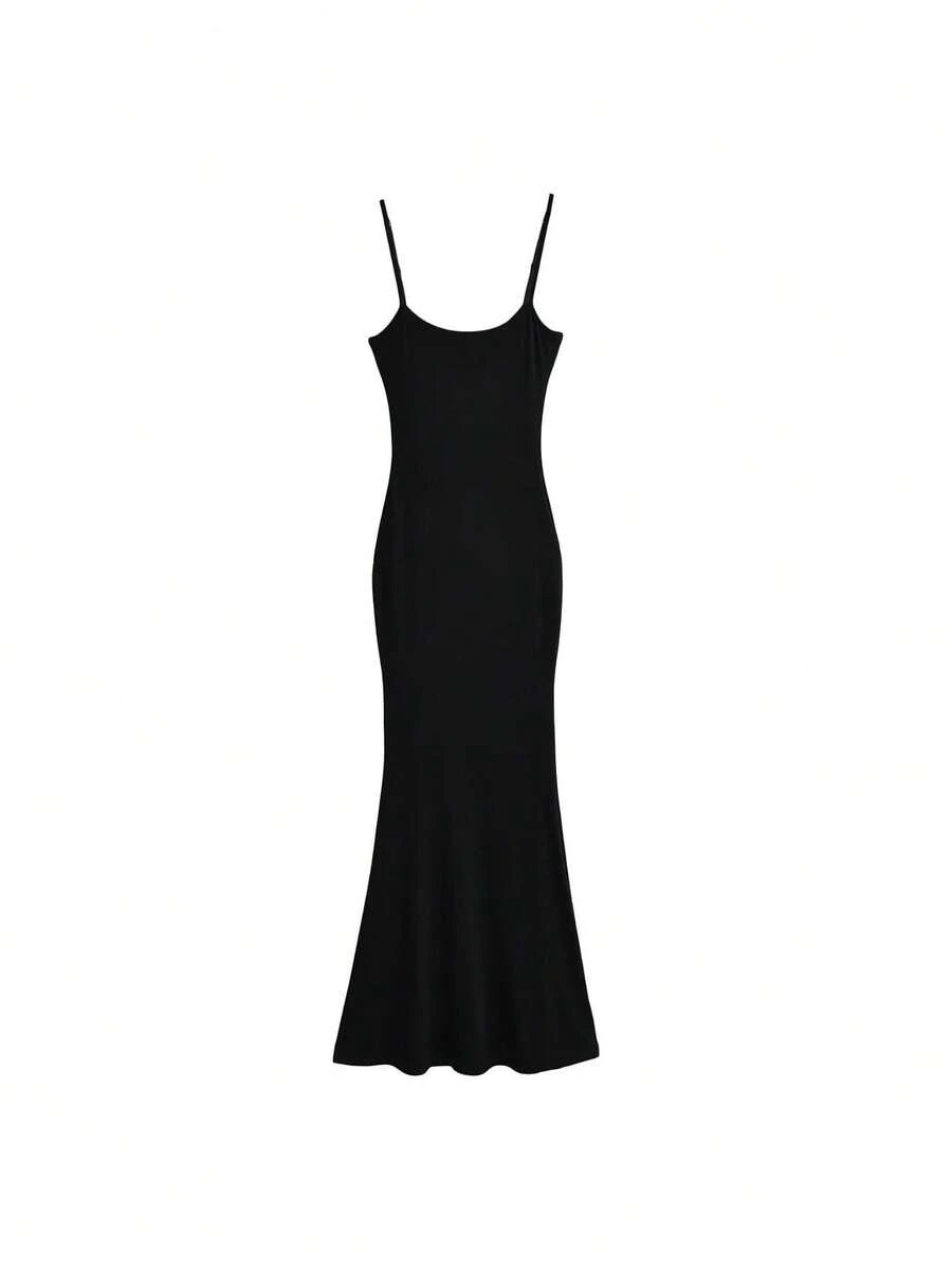 Vestido largo sirena cuello U ajustado cintura barril estilo chica sexy callejero efecto alargador - Negro - Ver 1
