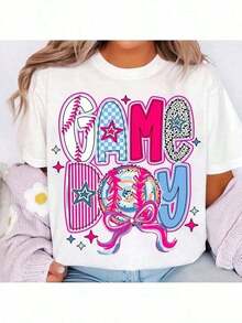Coquette "Game Day" Softball Graphic Print Casual T-Shirt, Colorful Patchwork Letter Print T-Shirt, Casual Crew Neck For Women, Ideal For Sports And Fan Events, Vibrant Casual T-Shirt Ready For Sports Events. - 白色 - 查看 7