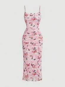 Vestido de mujer con estampado de mariposa rosa, romántico y lindo, para brunch, invitada de boda de otoño, vestido de regreso a casa, vestido para cita nocturna, vestido de graduación, vestido de mujer para boda - Rosa - Ver 5