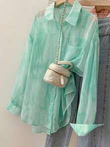 Camisa de protección solar con efecto tie-dye dulce para mujer, de cuello de solapa y manga larga, informal para exteriores/vacaciones, holgada, transpirable y ligera, estilo camisa, color rosa, para primavera/verano - verde menta - Ver 5