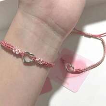 Y2K甜美简约爱心编织情侣手链套装，可调节编织情侣对表手链，适合派对、聚会和日常穿搭配饰，情人节礼物，送给女性、男友、女儿、闺蜜，毕业装饰配饰 - 粉色 - 查看 5