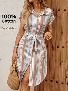 Vestido midi casual de mujer con botones frontales a rayas, vestido de verano con cintura anudada, vestido de trabajo de verano, vestido preppy, vestido con botones para mujer, vestido a rayas azul, vestidos de verano para mujer, conjuntos de v - Multicolor 2 - Ver 8