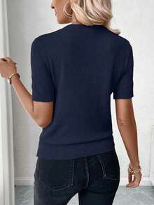 Blusa de punto de manga corta de unicolor y estilo minimalista, para uso diario - Azul marino - Ver 2