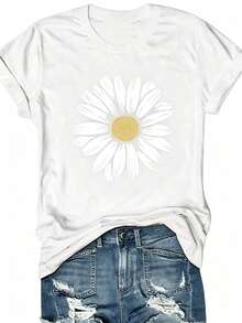 Camiseta de manga corta con estampado floral, camiseta informal con cuello redondo y estampado floral para mujer, camisetas gráficas para mujer - Blanco - Ver 4