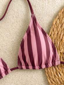 Nuevo conjunto de bikini con estampado de lunares sexy, espalda descubierta y lazo, con tirantes de espagueti para playa y piscina en vacaciones - Color caoba - Ver 4