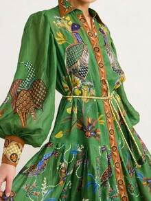 Vestido largo primavera 2026, estampado con cordón abierto y falda amplia - Verde - Ver 3