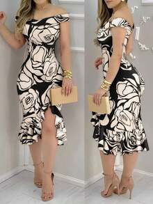 Vestido de mujer con estampado floral, hombros abiertos, volantes en el bajo y abertura, vestido elegante y entallado de longitud media, adecuado para fiestas, cócteles y uso de verano - Negro - Ver 7