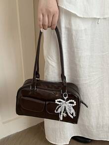 Lalippa 1pc Minimalist Retro Zipper Decor Dual Handle Women Daily Casual Commute Handbag - Coffee - View 5