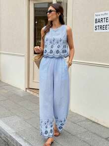 Frenchy Conjunto de 2 piezas de top sin mangas de cuello redondo a cuadros y pantalones para mujer - Azul - Ver 3