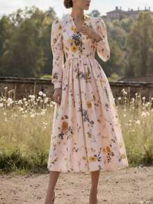 Vintage Spring Maxi Dress, V-Neck, Printed, Long Sleeves, Elegant Classic Fashion For Women - 粉色 - 查看 2