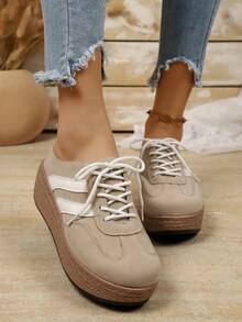 Women's Khaki & White Dual Stripe Wedge Thick Sole Sneakers, Woven Texture Sole Lace-Up Lightweight Casual Walking Training Shoes - Brown - View 4