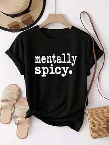 Diseño simple y multifuncional, impreso con las palabras "mentally spicy".Cómoda camiseta de algodón para mujer, estampado único, cuello redondo, manga corta, diseño casual, deportivo y elegante. - Negro - Ver 1