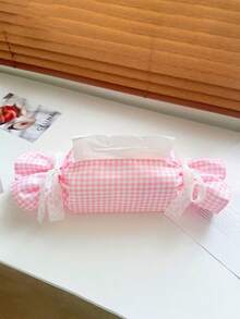 1pc INS Style Pink Plaid & Polka Dot Candy Tissue Box Cover, Girly Design, Dual Use For Living Room And Car - Multicolor - View 2
