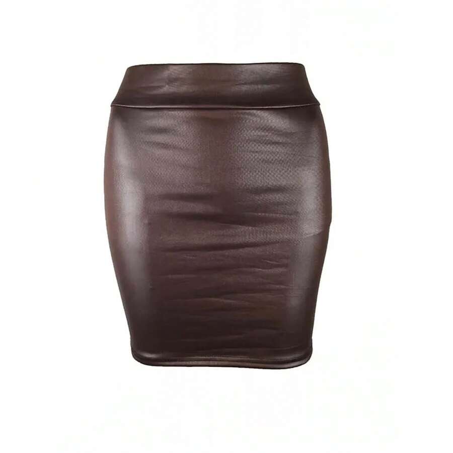 Black Fitted Faux Leather Pencil Mini Skirt, Sexy High-Waisted Korean Fashion Short Skirts For Women, Wholesale, Sweet Summer - 棕色 - 查看 1