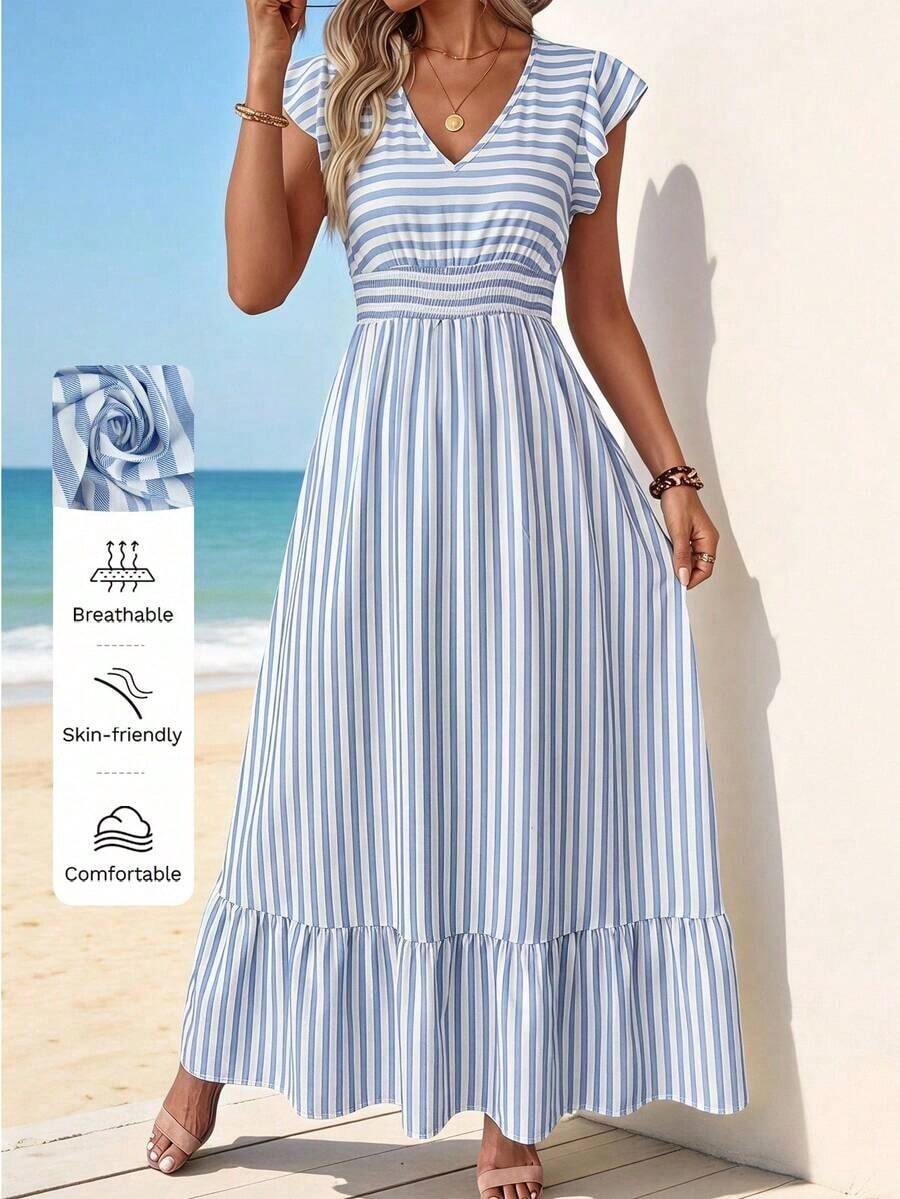 Vestido largo casual y retro para vacaciones, con cintura ceñida, para atuendo diario de primavera/verano, vestidos camiseros para mujer, casual - Azul y blanco - Ver 1