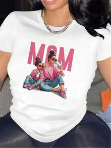 Floral Print T-Shirt For Mother's Day, A Casual Top For Women. Perfect For Dates, Daily Commutes, And Casual Outings. Classic Minimalist Crew Neck Design, Easy To Style And Suitable For All Body Types. - 白色 - 查看 1