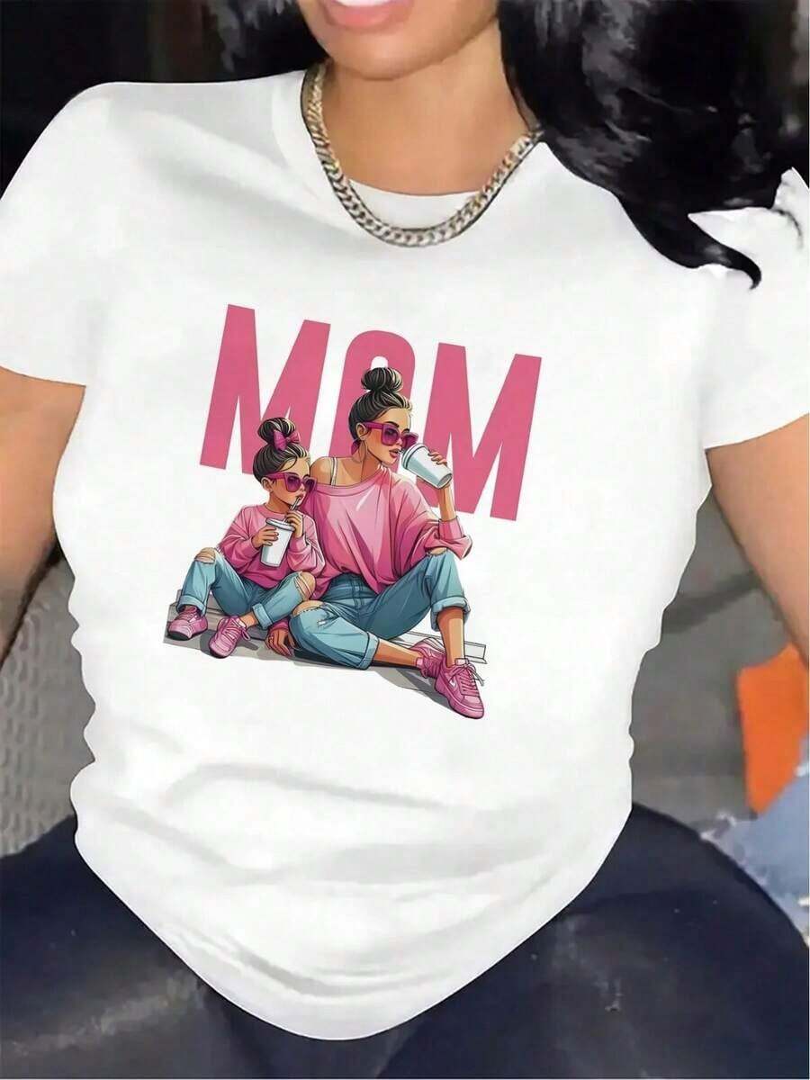 Floral Print T-Shirt For Mother's Day, A Casual Top For Women. Perfect For Dates, Daily Commutes, And Casual Outings. Classic Minimalist Crew Neck Design, Easy To Style And Suitable For All Body Types. - 白色 - 查看 1